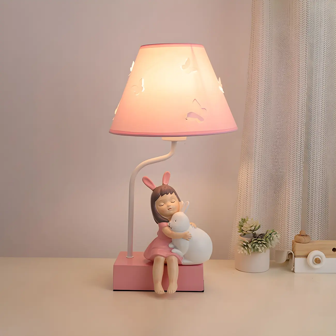 Pink Kids Lamp with Fabric Shade & LED for Bedroom Decor | homeyfad