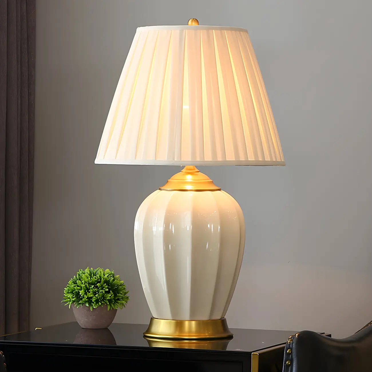Elegant Barrel Fabric Shade Ceramic Table Lamp for Bedroom Image - 2 | homeyfad