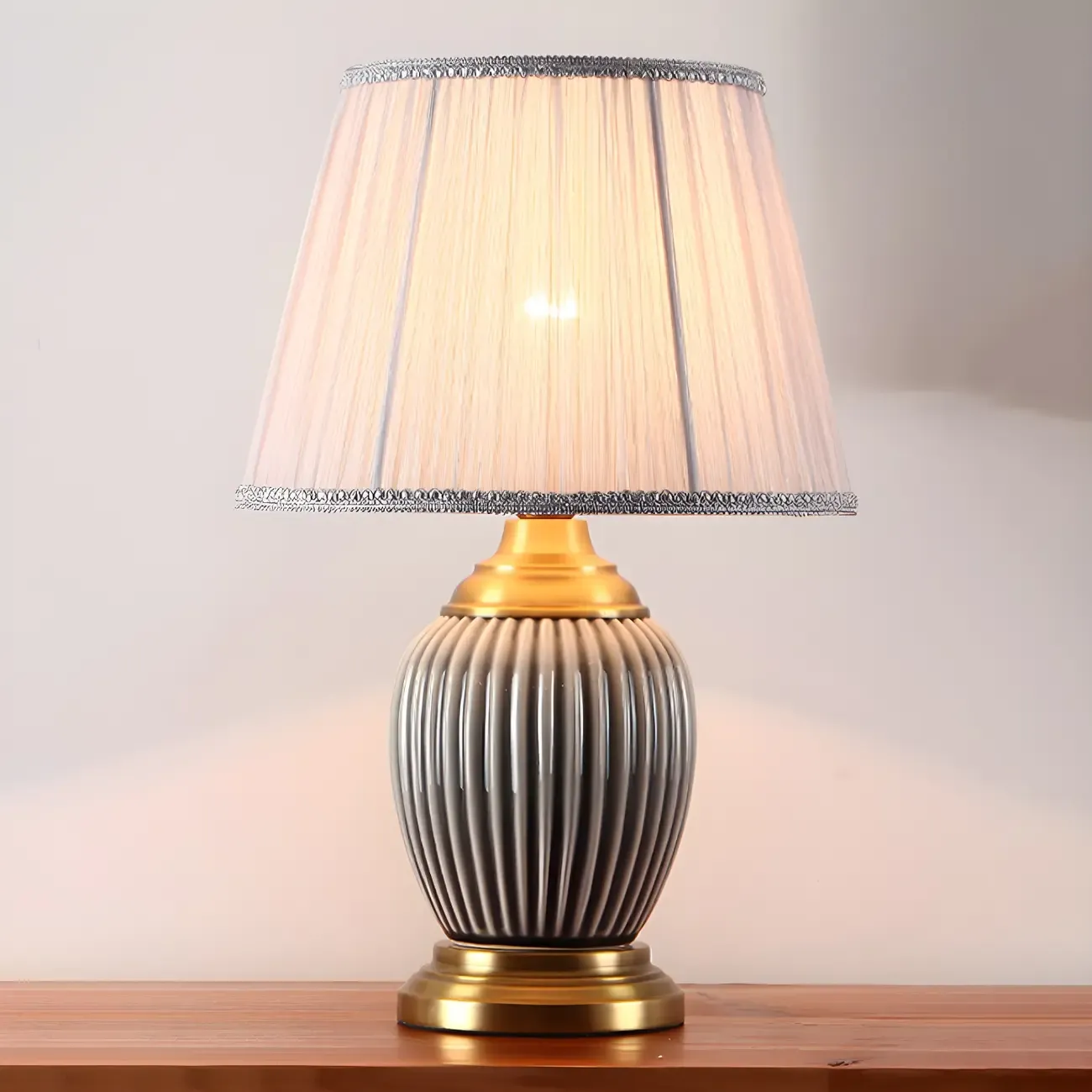 Elegant Barrel Fabric Shade Ceramic Table Lamp for Bedroom Image - 4