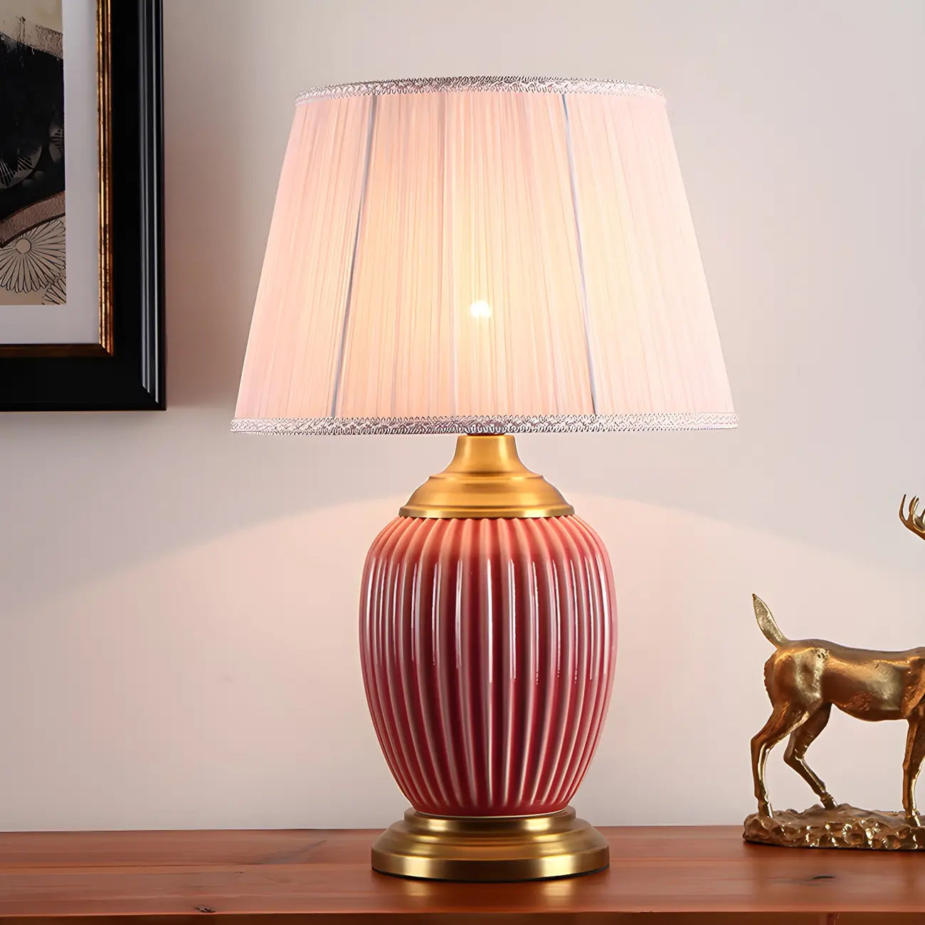Elegant Barrel Fabric Shade Ceramic Table Lamp for Bedroom Image - 5 | homeyfad
