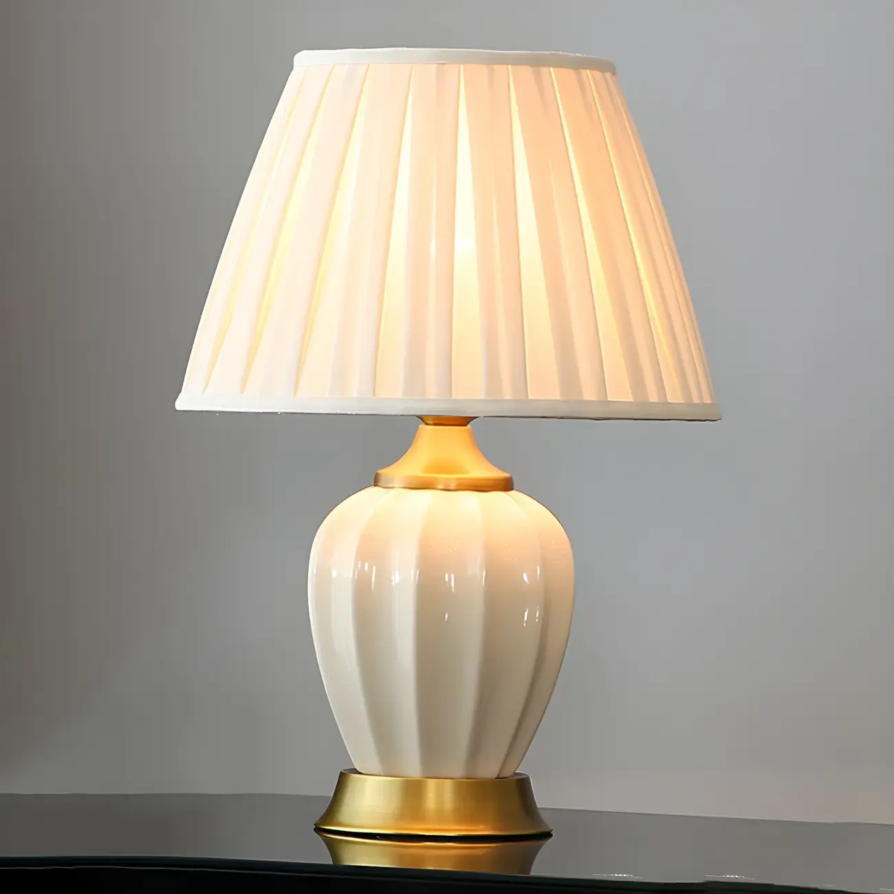 Elegant Barrel Fabric Shade Ceramic Table Lamp for Bedroom Image - 7