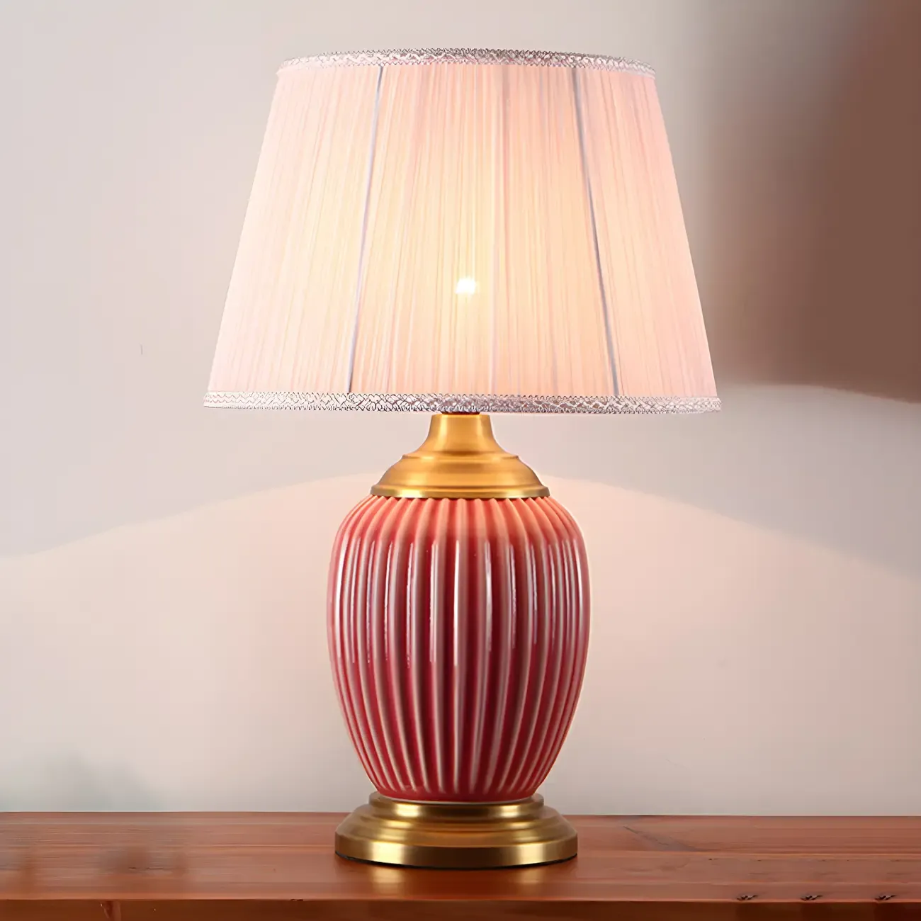 Elegant Barrel Fabric Shade Ceramic Table Lamp for Bedroom Image - 8