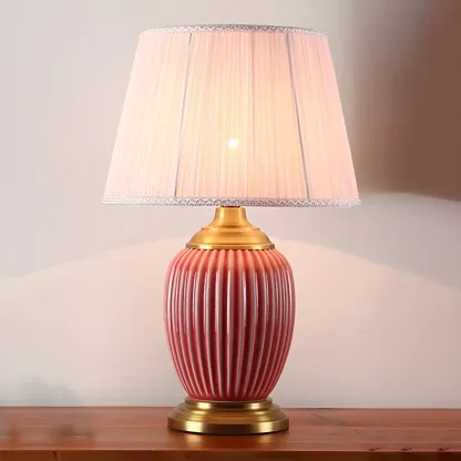 Elegant Barrel Fabric Shade Ceramic Table Lamp for Bedroom Image - 8