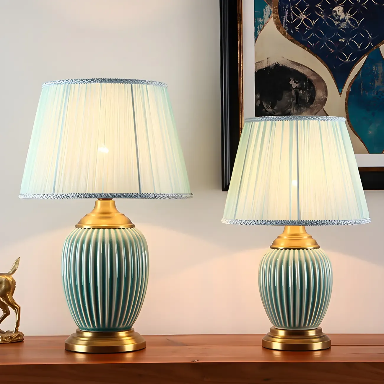 Elegant Barrel Fabric Shade Ceramic Table Lamp for Bedroom Image - 9