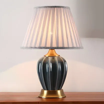 Elegant Barrel Fabric Shade Ceramic Table Lamp for Bedroom Image - 10