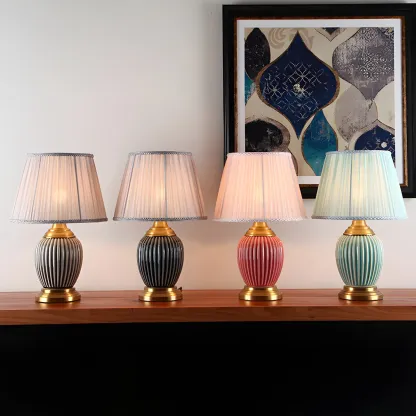 Elegant Barrel Fabric Shade Ceramic Table Lamp for Bedroom Image - 3