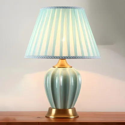 Elegant Barrel Fabric Shade Ceramic Table Lamp for Bedroom Image - 11