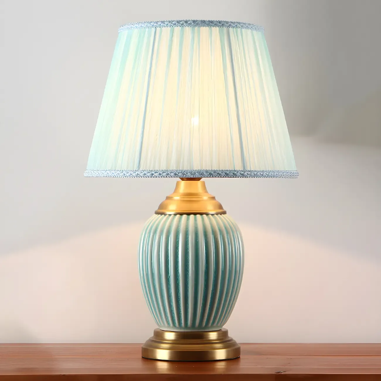 Elegant Barrel Fabric Shade Ceramic Table Lamp for Bedroom Image - 14