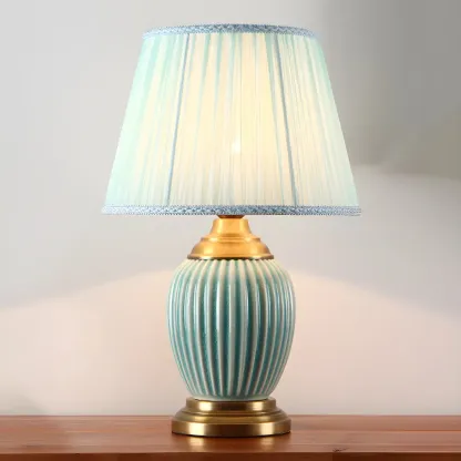 Elegant Barrel Fabric Shade Ceramic Table Lamp for Bedroom Image - 14