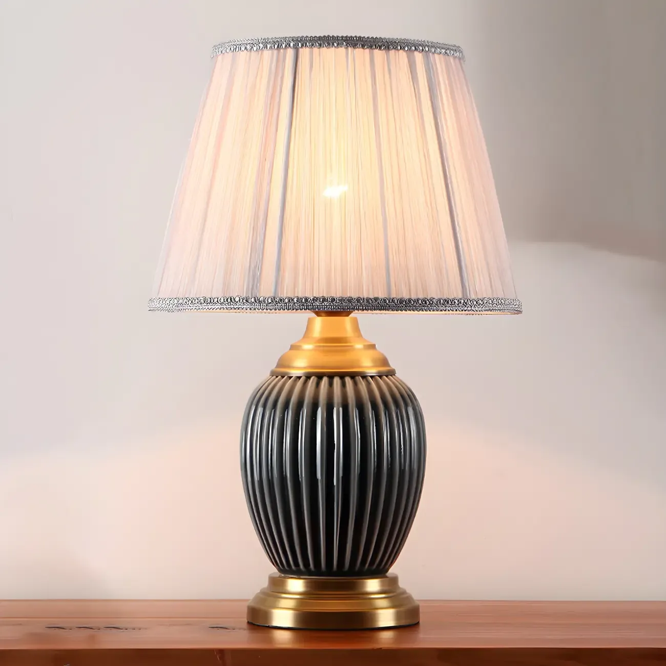 Elegant Barrel Fabric Shade Ceramic Table Lamp for Bedroom Image - 15