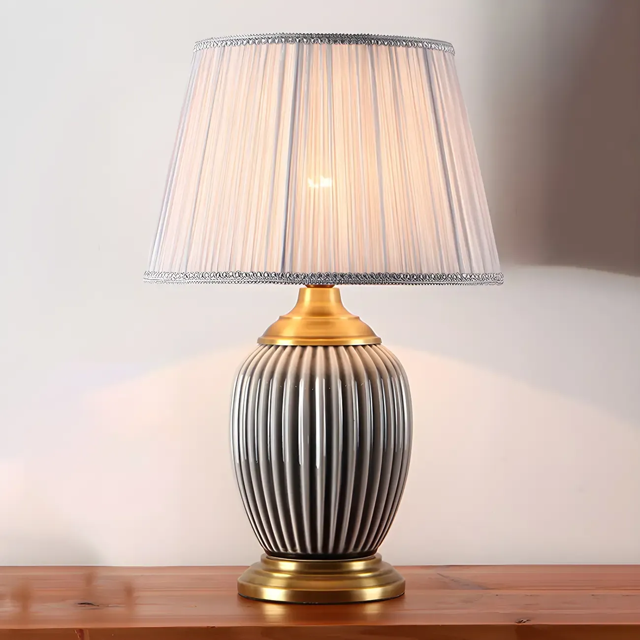 Elegant Barrel Fabric Shade Ceramic Table Lamp for Bedroom Image - 17