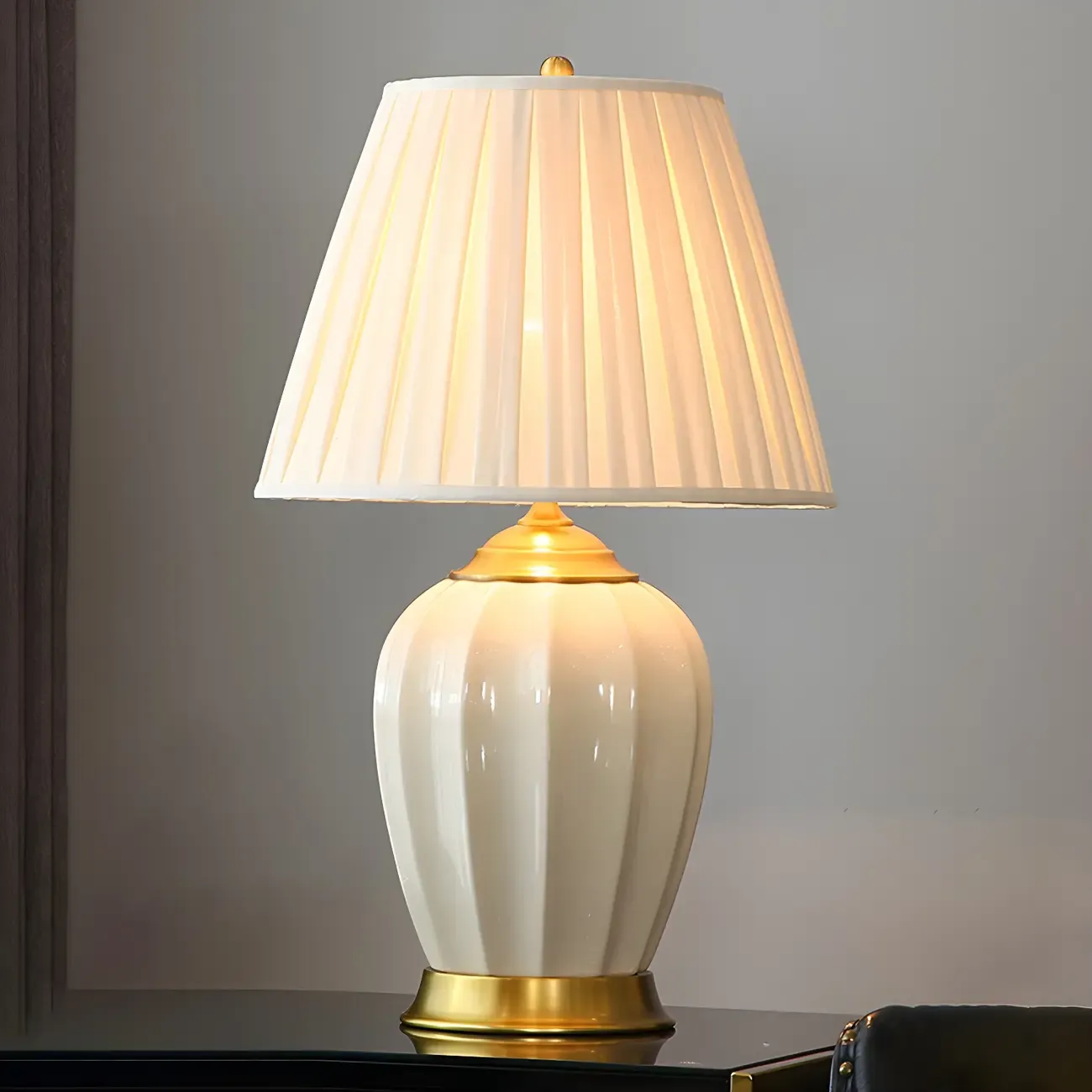 Elegant Barrel Fabric Shade Ceramic Table Lamp for Bedroom Image - 19