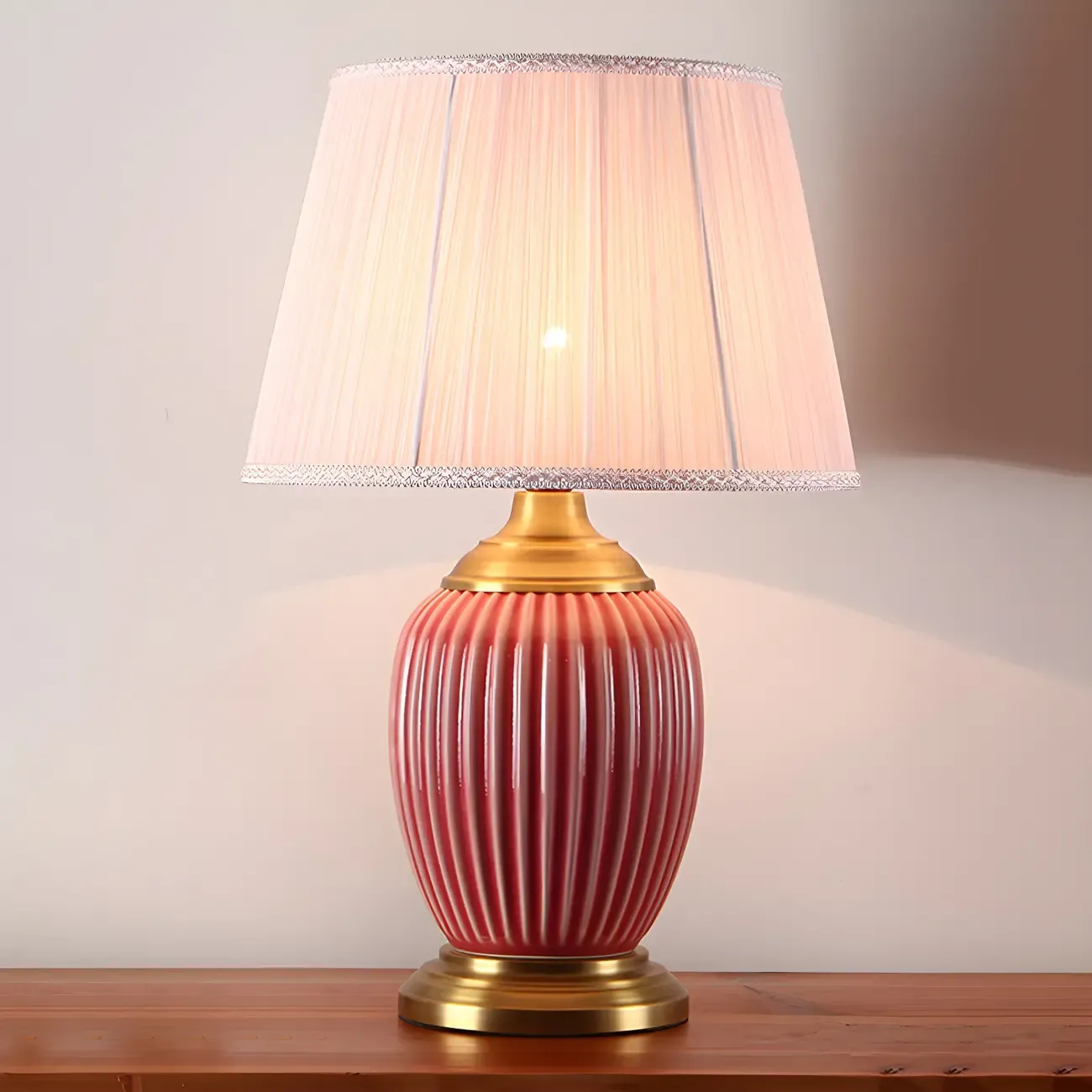 Elegant Barrel Fabric Shade Ceramic Table Lamp for Bedroom Image - 20