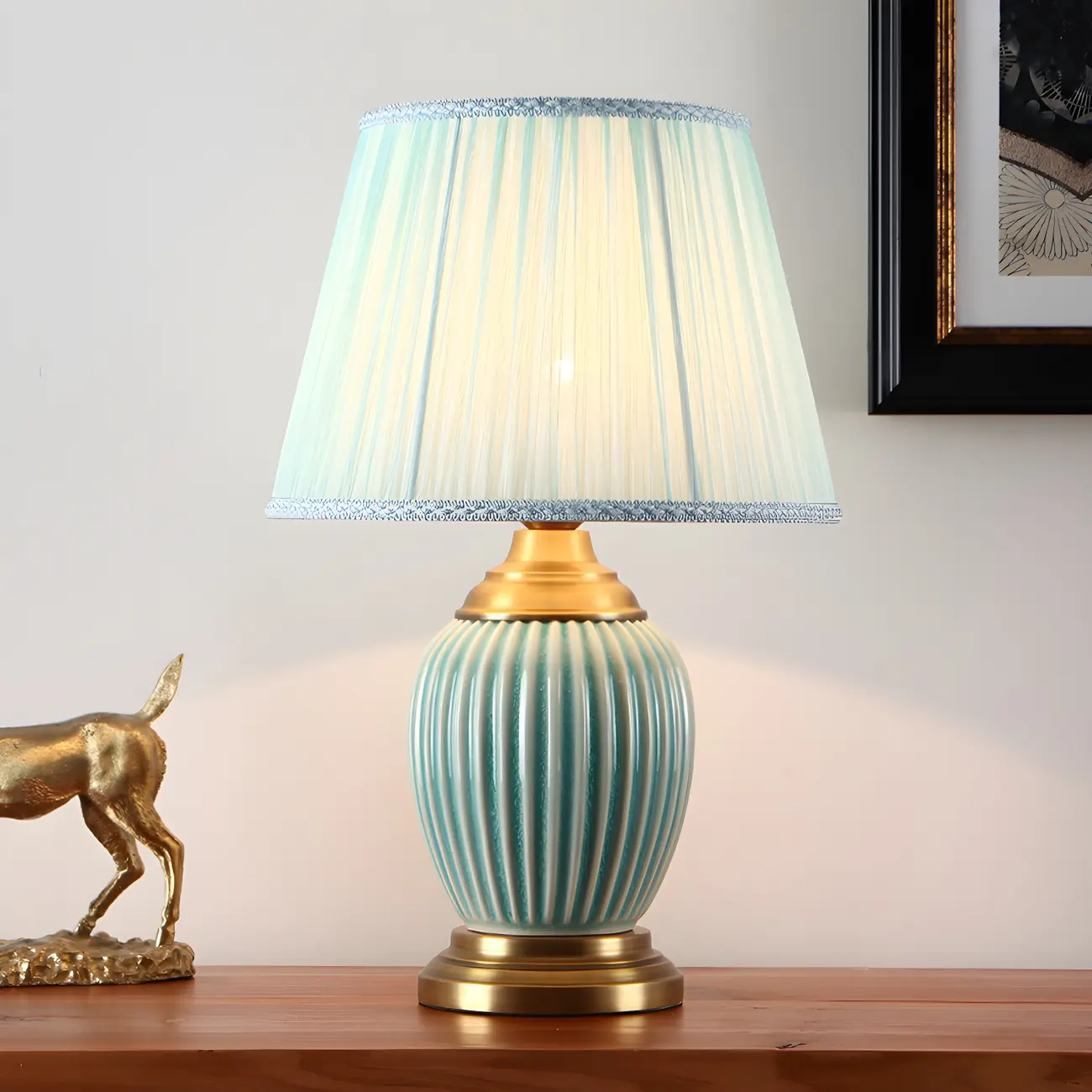 Elegant Barrel Fabric Shade Ceramic Table Lamp for Bedroom Image - 21 | homeyfad