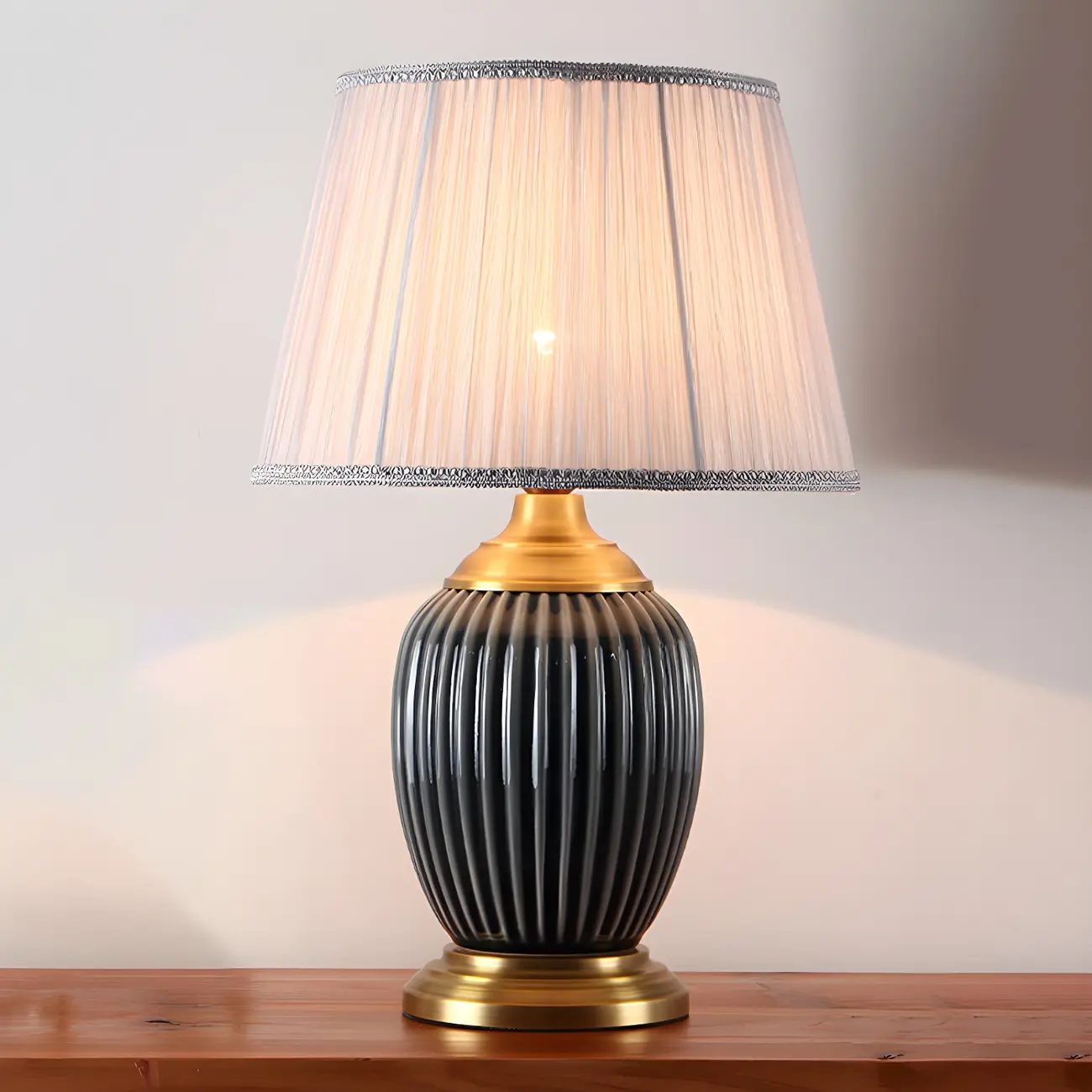 Elegant Barrel Fabric Shade Ceramic Table Lamp for Bedroom Image - 25 | homeyfad
