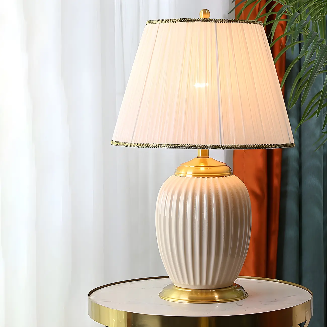 Plug-In Elegant Ceramic LED Table Lamp with Fabric Shade  Image - 1 | homeyfad