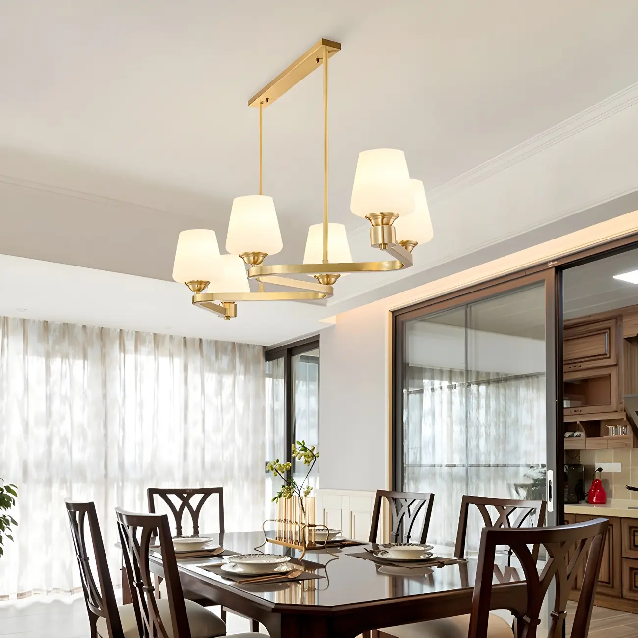 Adjustable 6-Light Brass Glass Chandelier for Dining Area Image - 3 | homeyfad