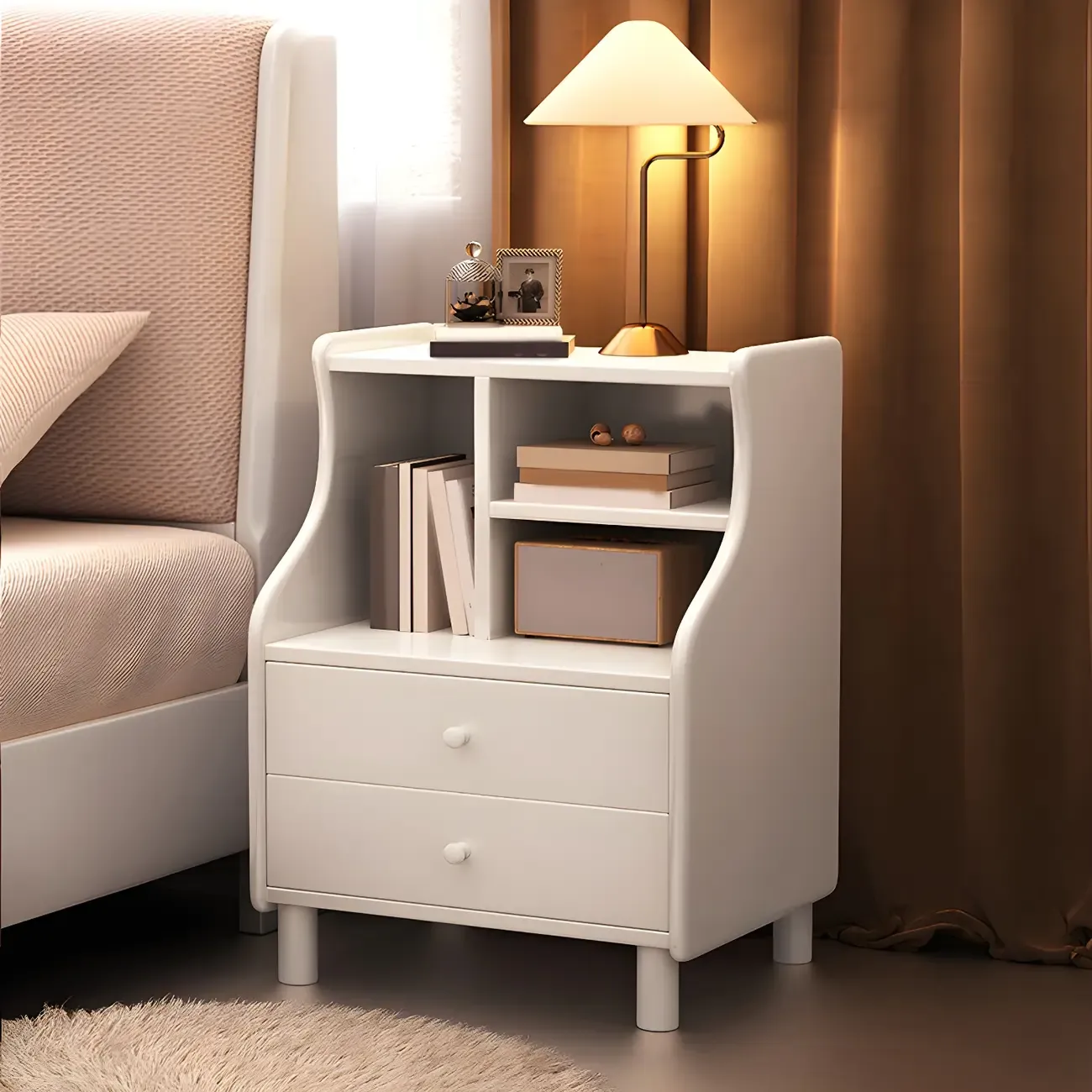 Narrow Versatile 2 Drawers Solid Wood White Nightstand Image - 1