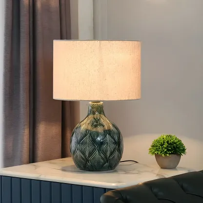 Exquisite Green Ceramic Fabric LED Table Lamp for Bedside Image - 1
