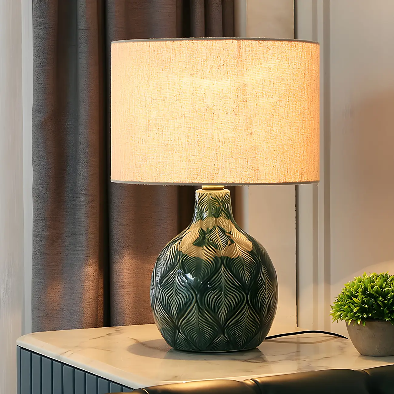 Exquisite Green Ceramic Fabric LED Table Lamp for Bedside Image - 2 | homeyfad