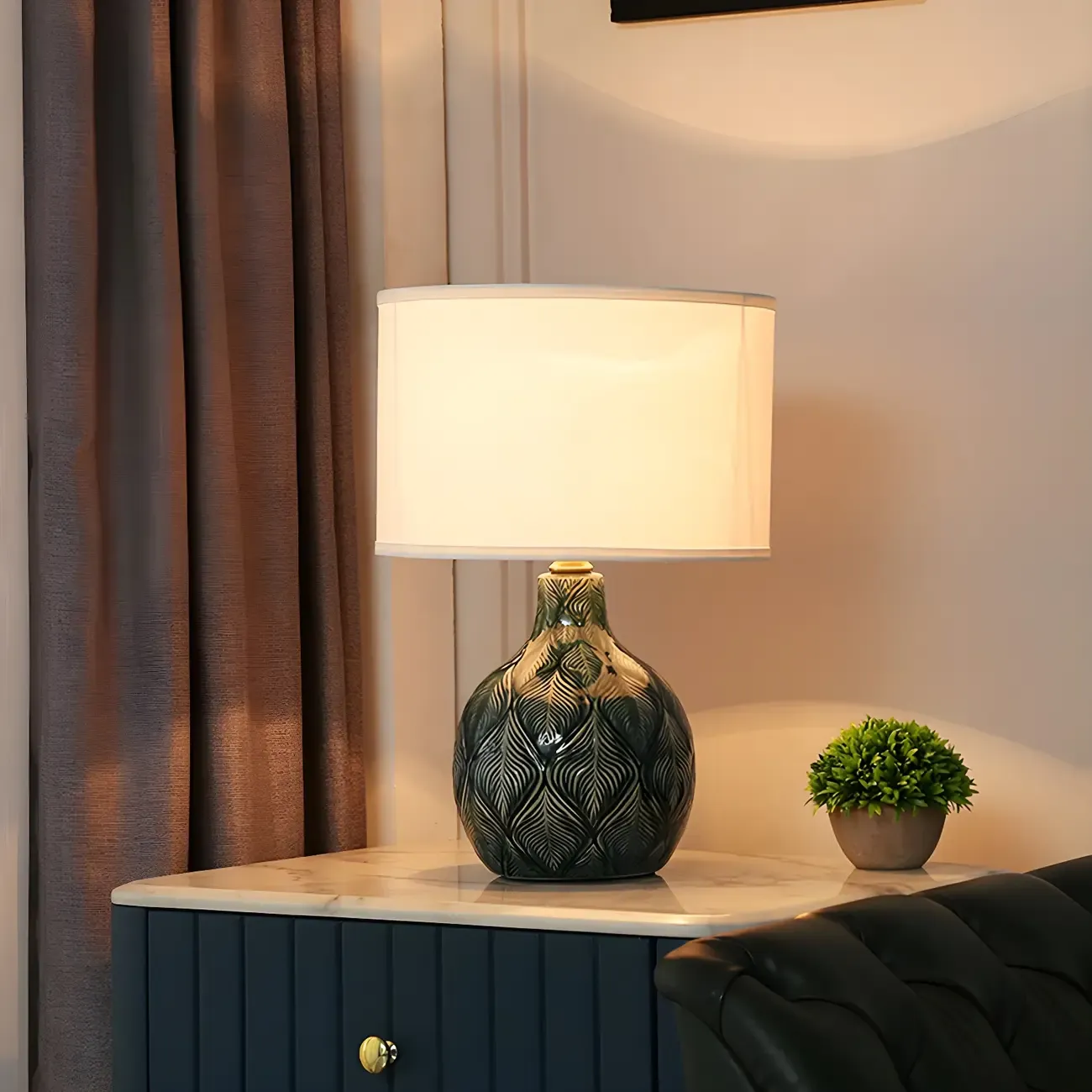 Exquisite Green Ceramic Fabric LED Table Lamp for Bedside Image - 6