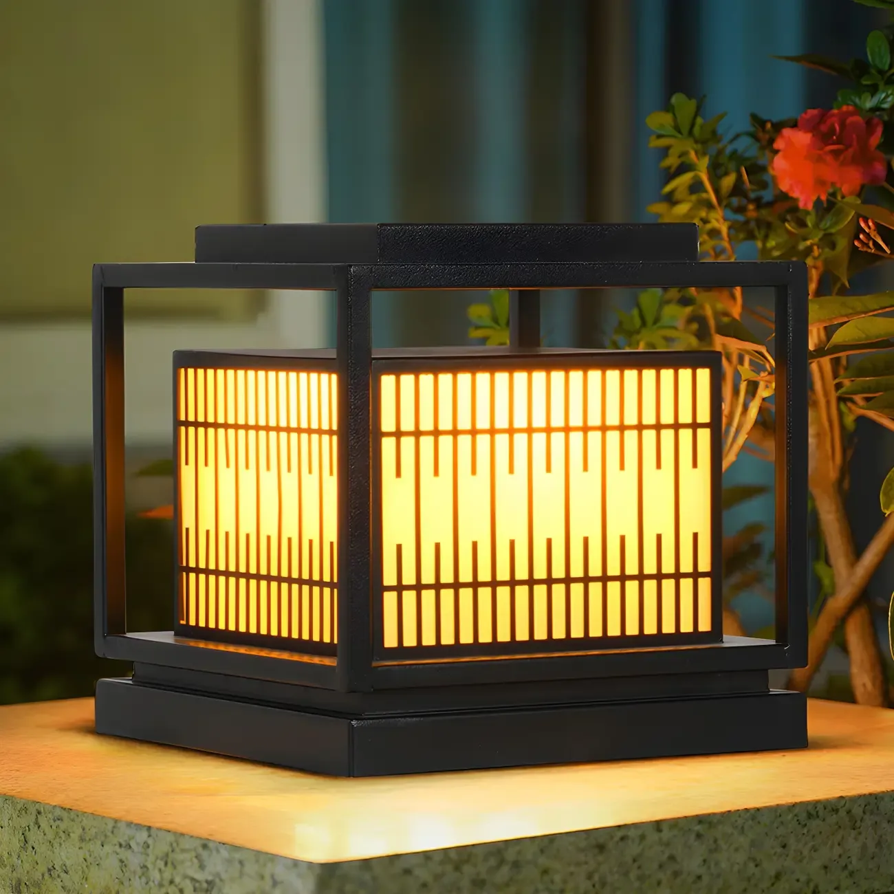 Black Metal Rectangle Lantern Design Post Cap Light Image - 3