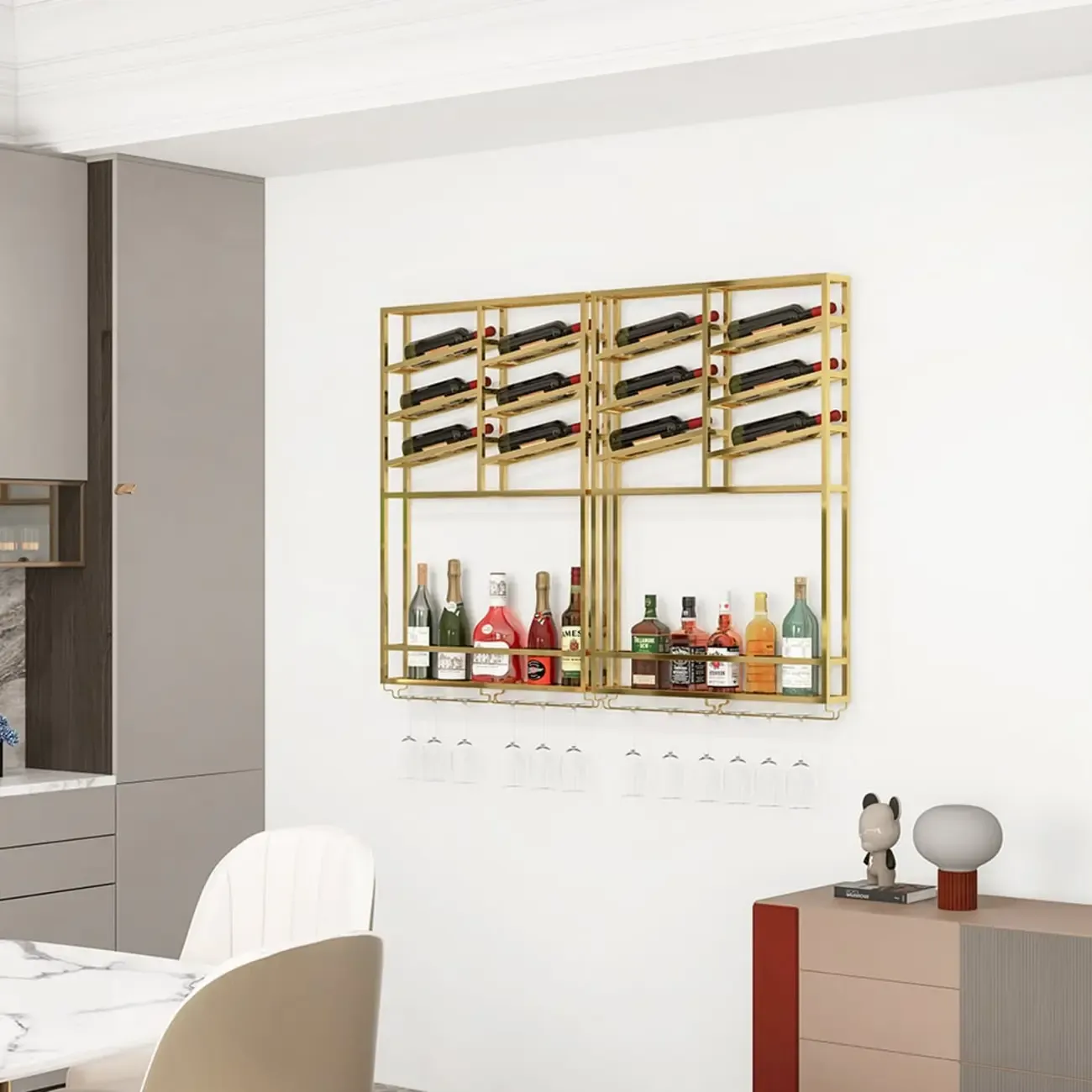 Industrial Wall Mounted Gold Metal Wine Rack with Bottle Rack Image - 5