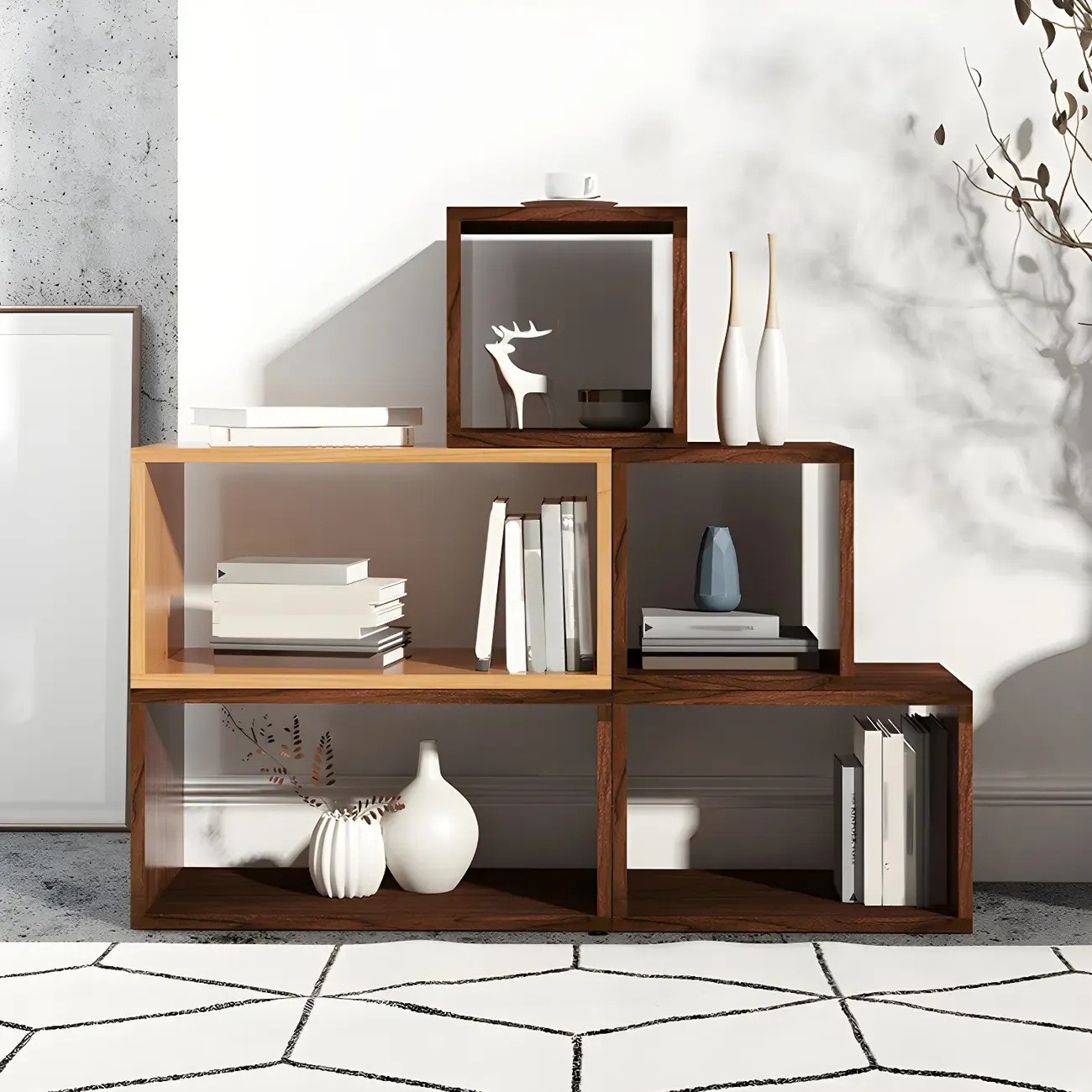 Minimalist Solid Wood Geometric Open Back Cube Bookcase Image - 1