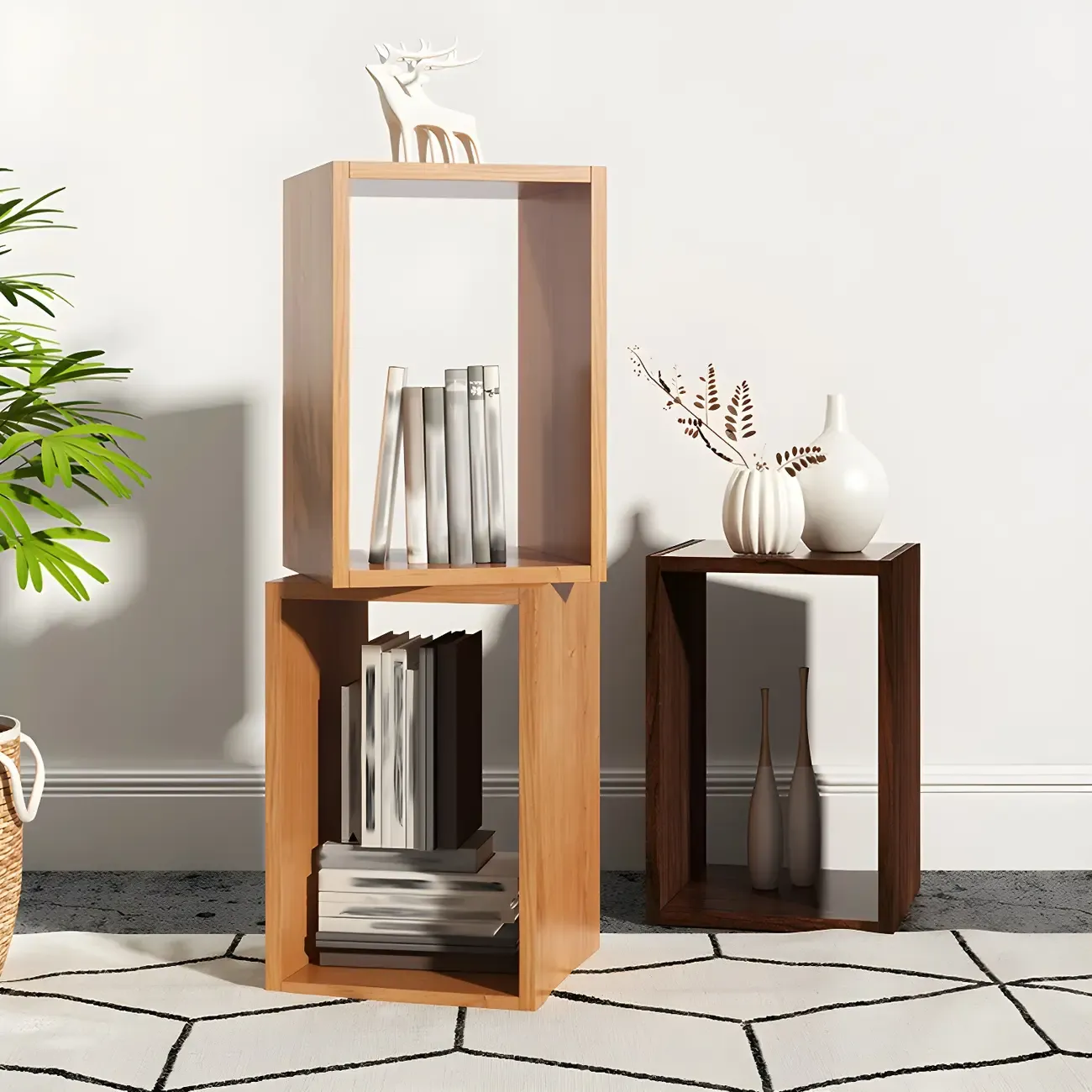 Minimalist Solid Wood Geometric Open Back Cube Bookcase Image - 4