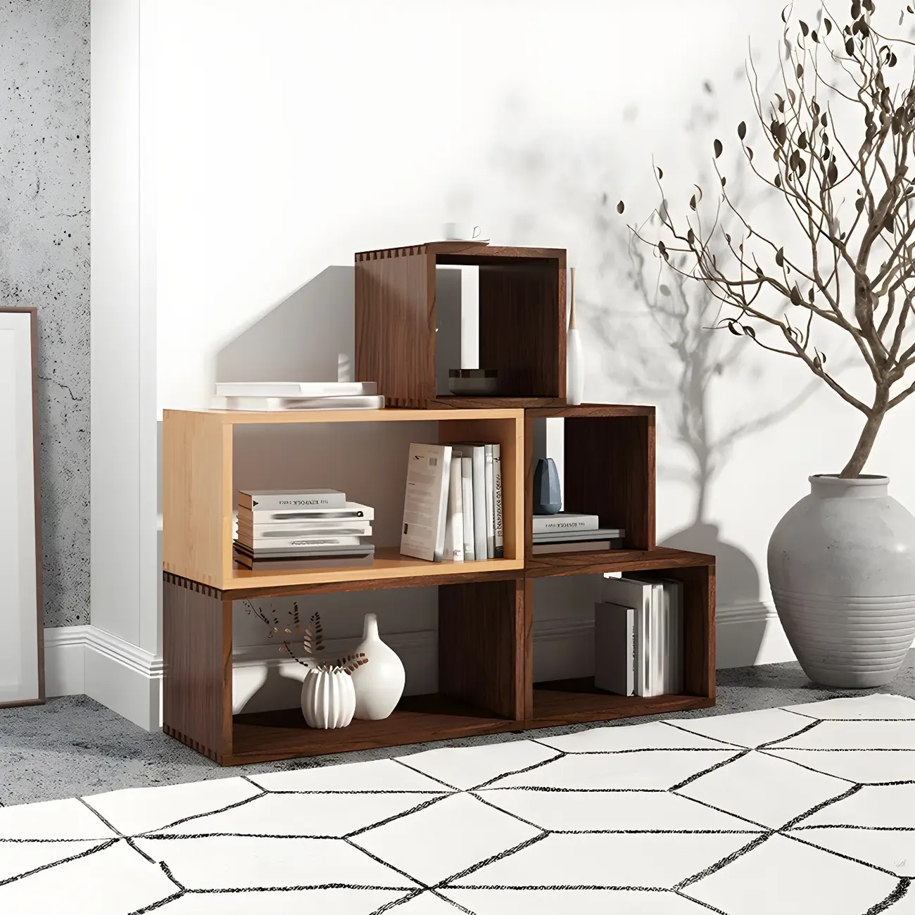 Minimalist Solid Wood Geometric Open Back Cube Bookcase Image - 14