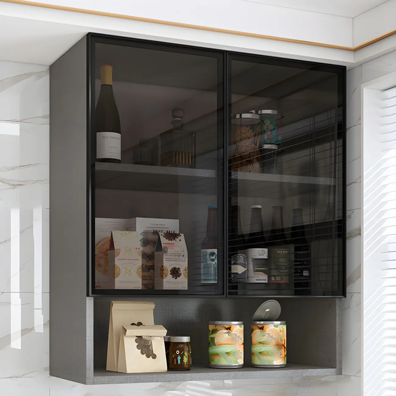 Wood Floating Open Storage China Cabinet with Glass Doors Image - 6 | homeyfad