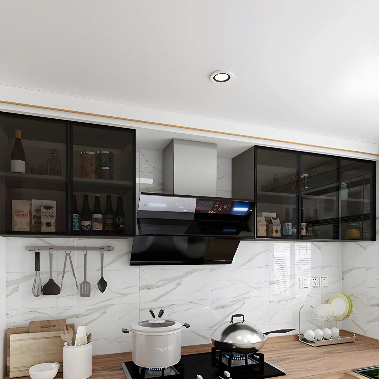 Wood Floating Open Storage China Cabinet with Glass Doors Image - 9 | homeyfad