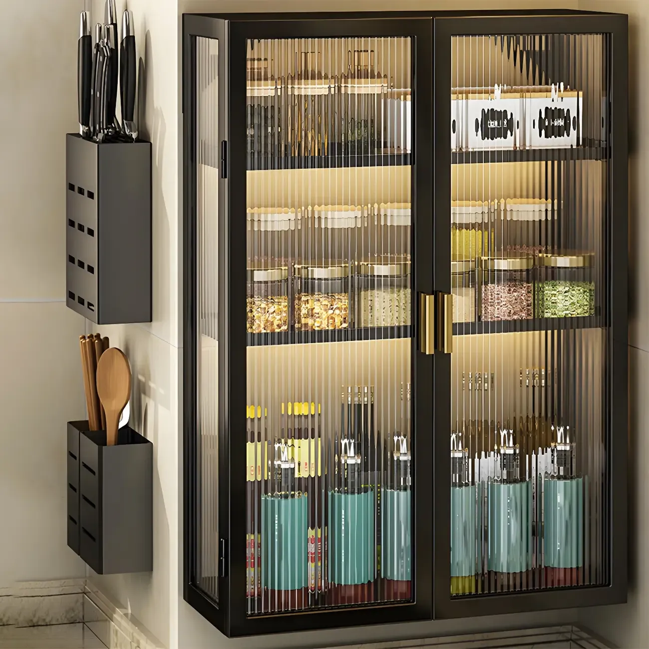 Modern Black Metal Floating Curio Cabinet for Kitchens Image - 6