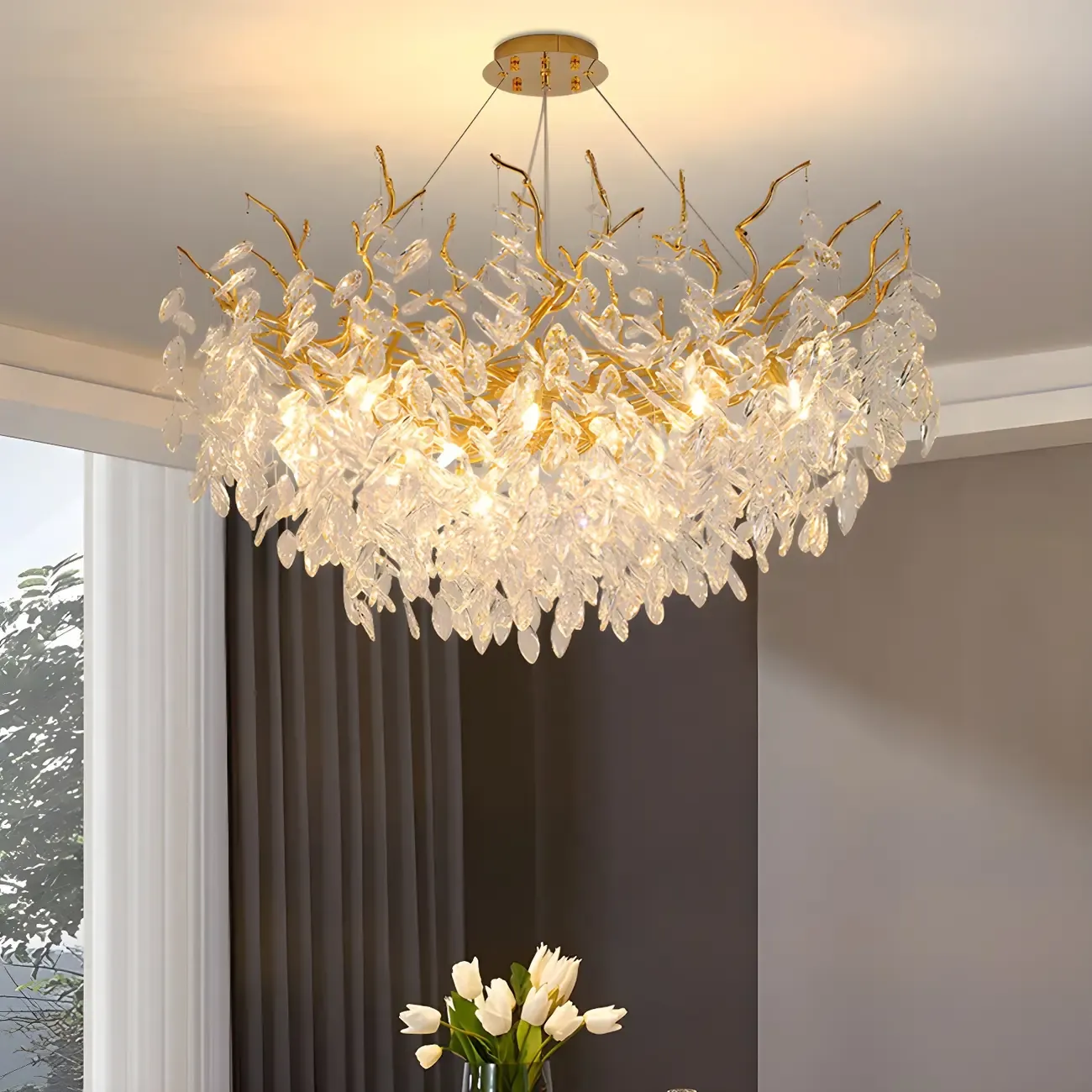 Elegant Gold Branch Crystal Chandelier Adjustable Height Image - 1