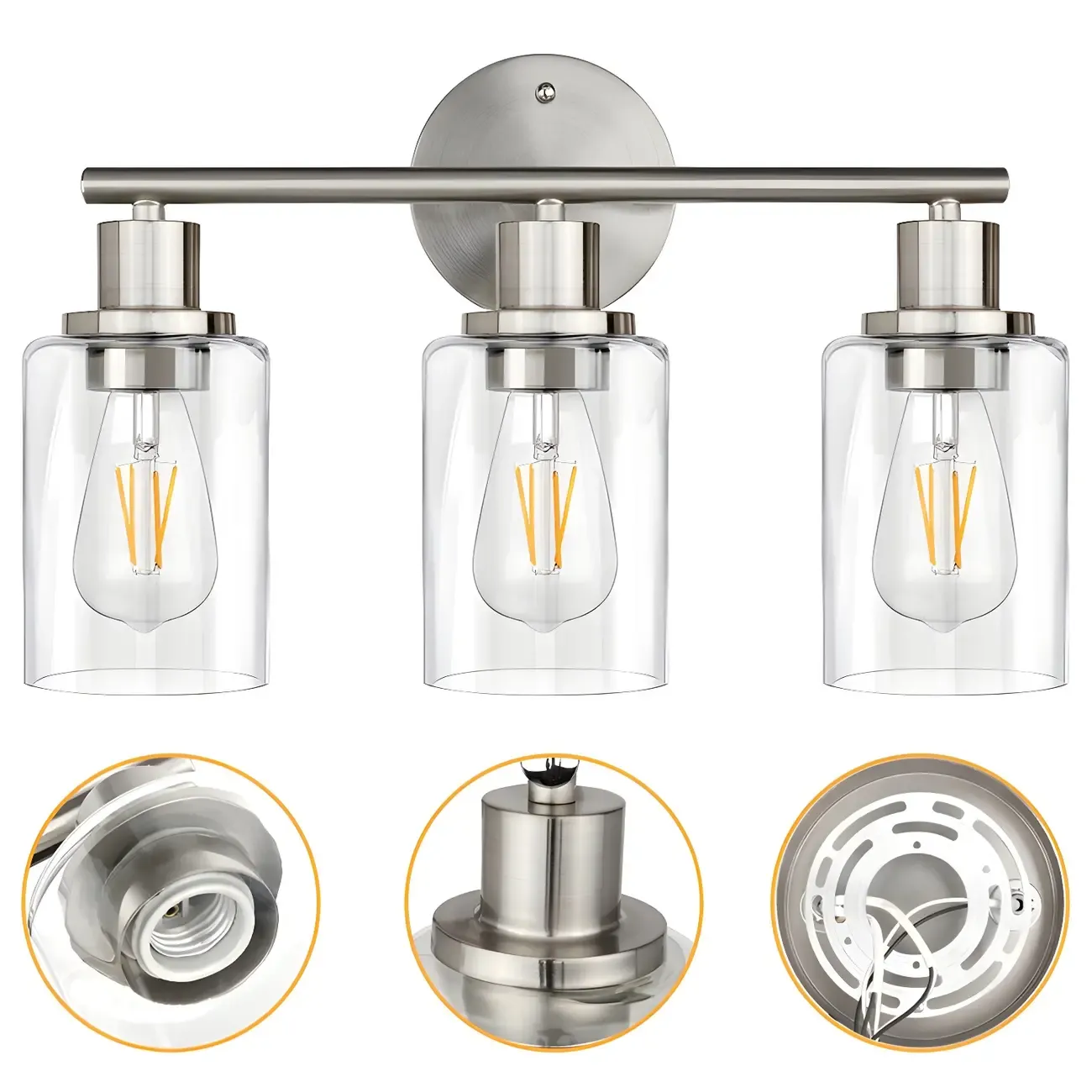 Classic Silver Tube Vanity Lights with Glass Shade for Bathroom Image - 6