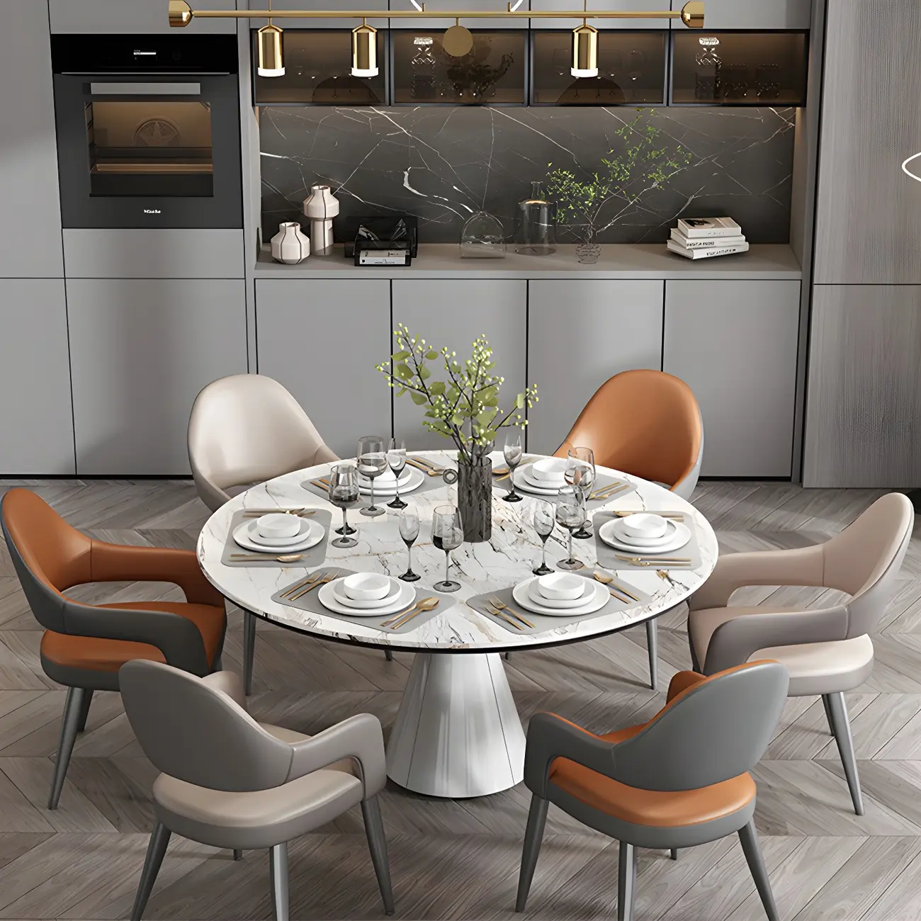 Grey Curved Leather Upholstered Armrest Dining Chair Image - 5 | homeyfad