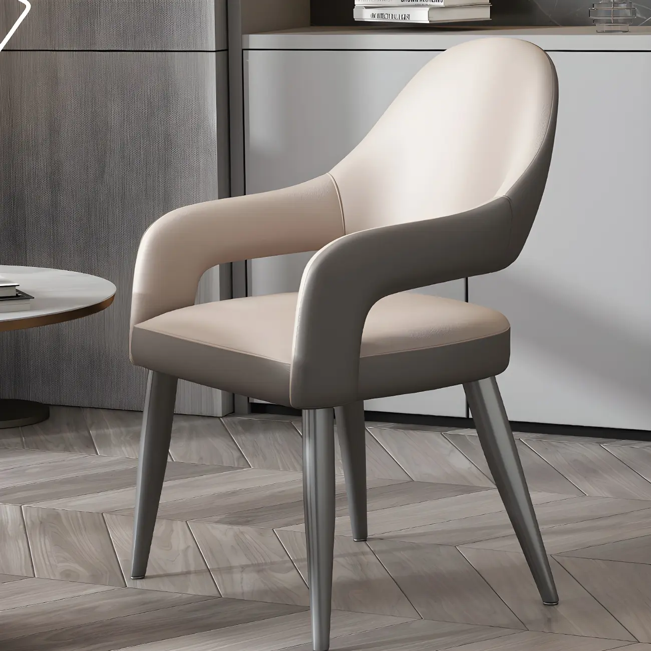 Grey Curved Leather Upholstered Armrest Dining Chair Image - 2 | homeyfad