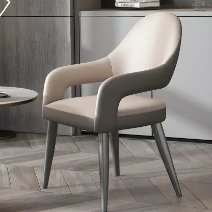 Grey Curved Leather Upholstered Armrest Dining Chair Image - 2