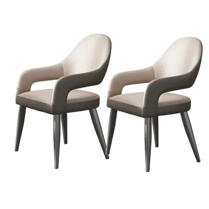 Grey Curved Leather Upholstered Armrest Dining Chair Image - 3