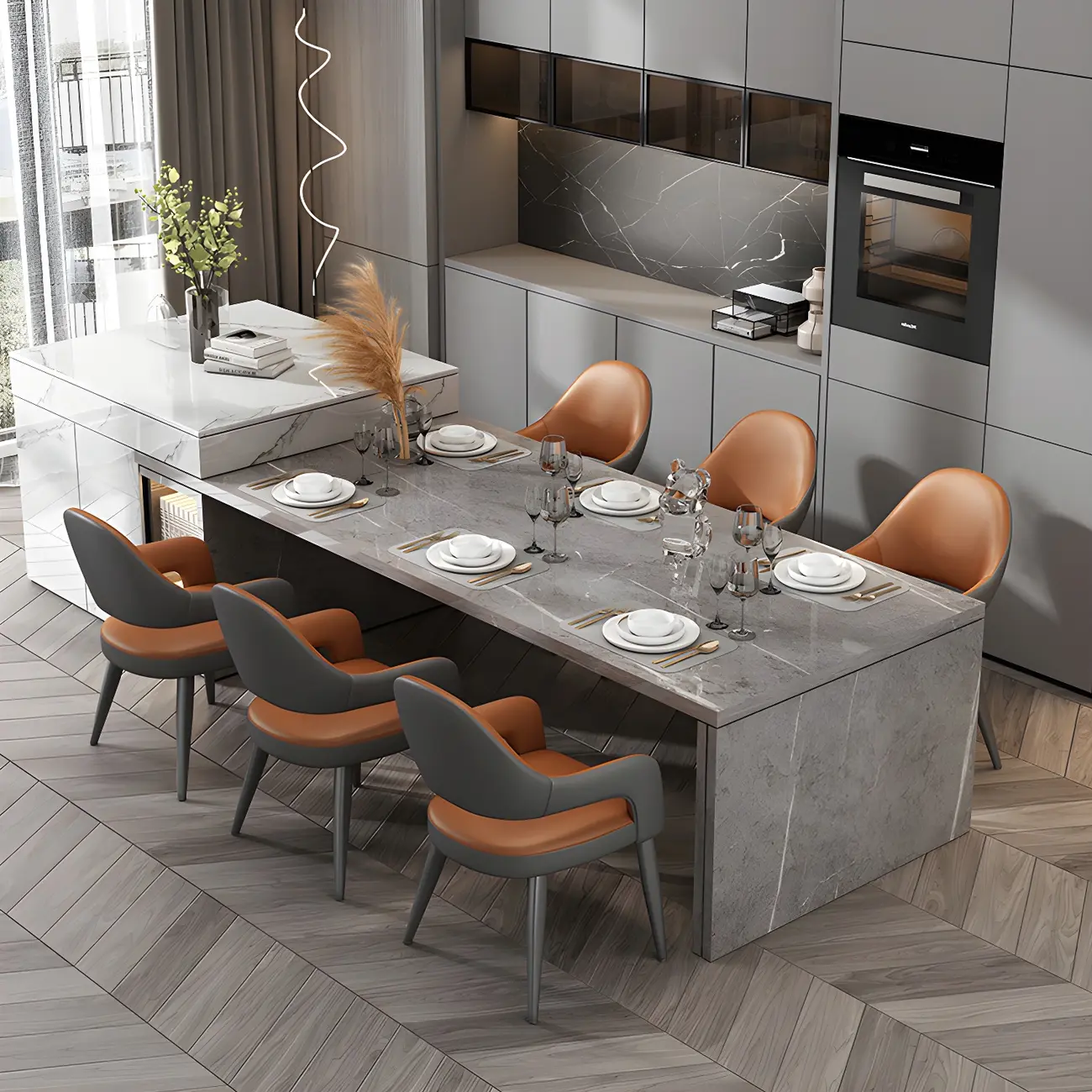 Grey Curved Leather Upholstered Armrest Dining Chair Image - 9 | homeyfad