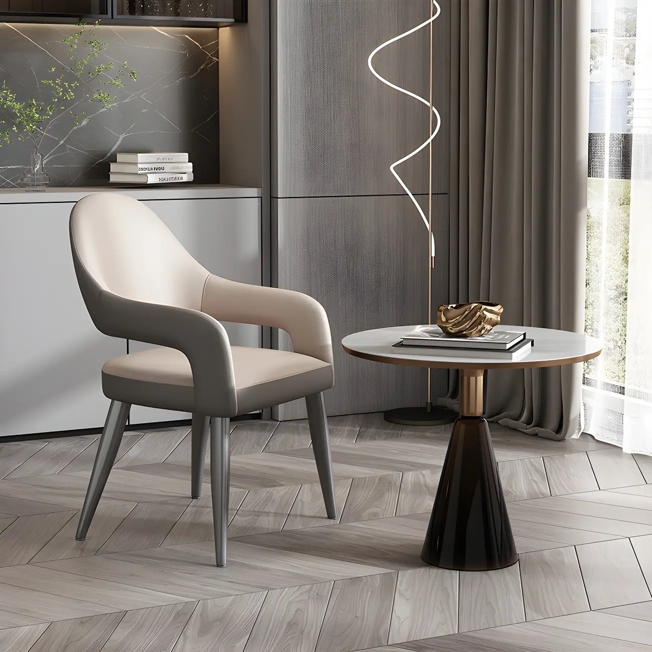 Grey Curved Leather Upholstered Armrest Dining Chair Image - 4 | homeyfad