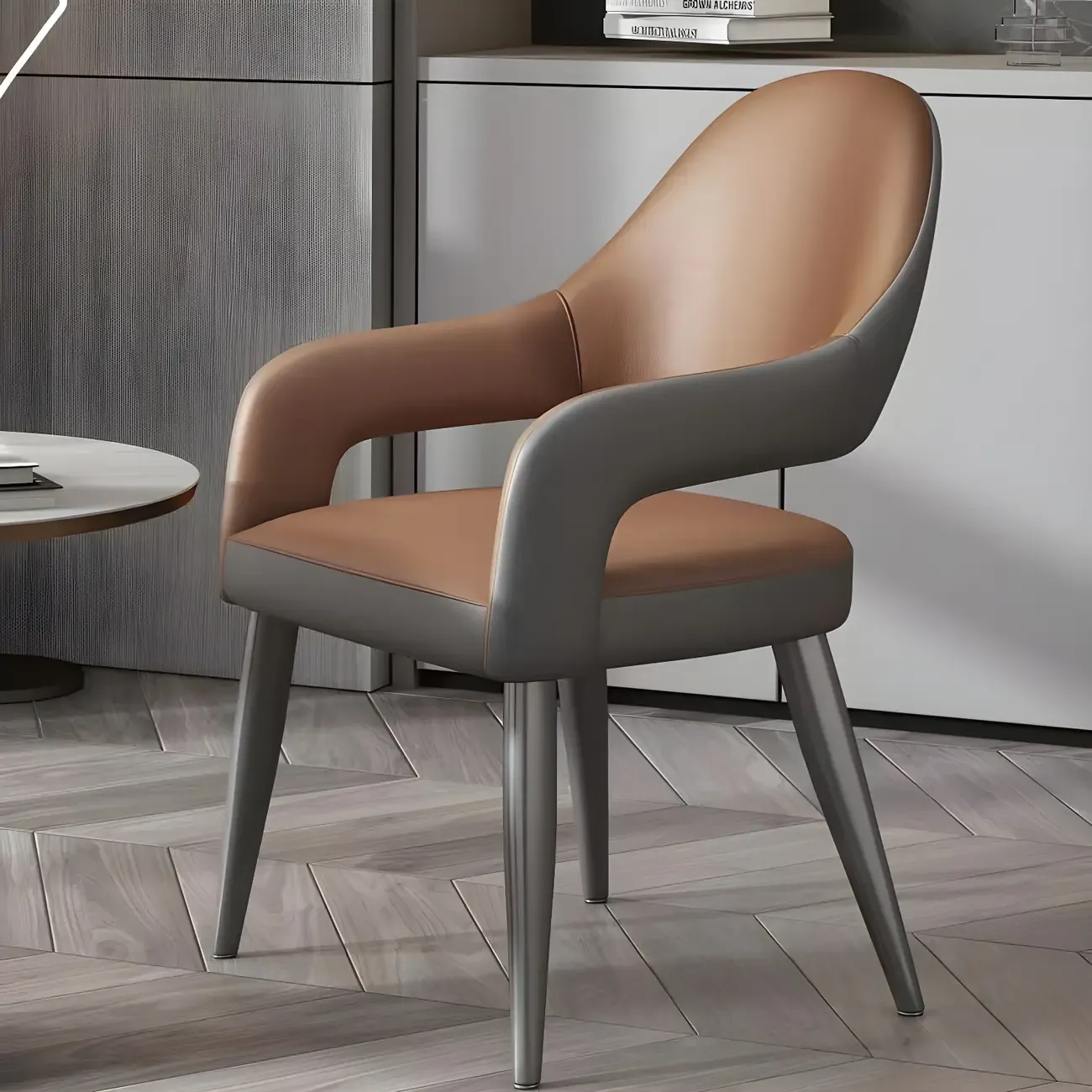 Grey Curved Leather Upholstered Armrest Dining Chair | HomeyFad