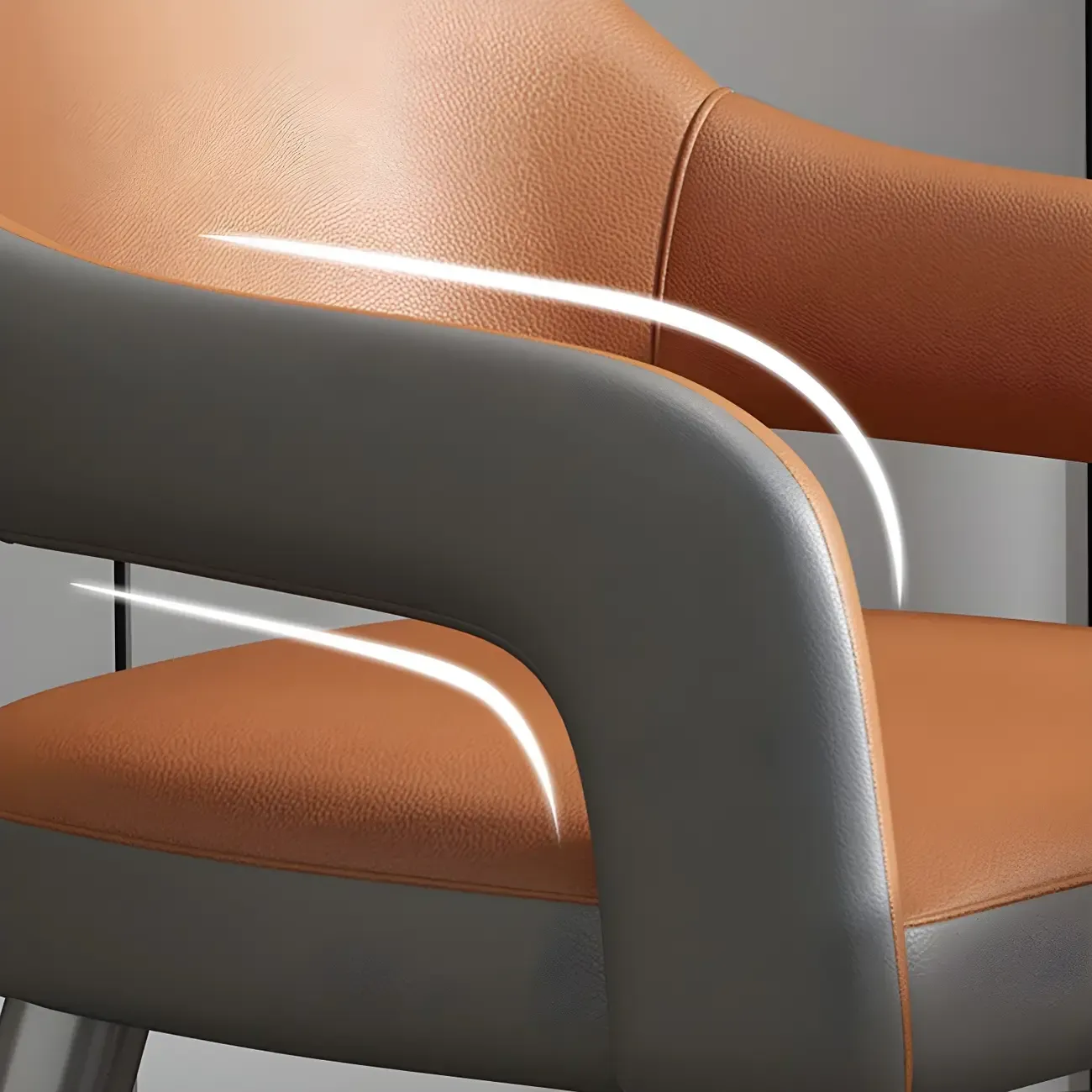 Grey Curved Leather Upholstered Armrest Dining Chair Image - 17