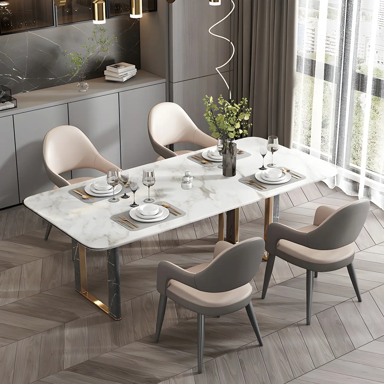 Grey Curved Leather Upholstered Armrest Dining Chair Image - 20 | homeyfad