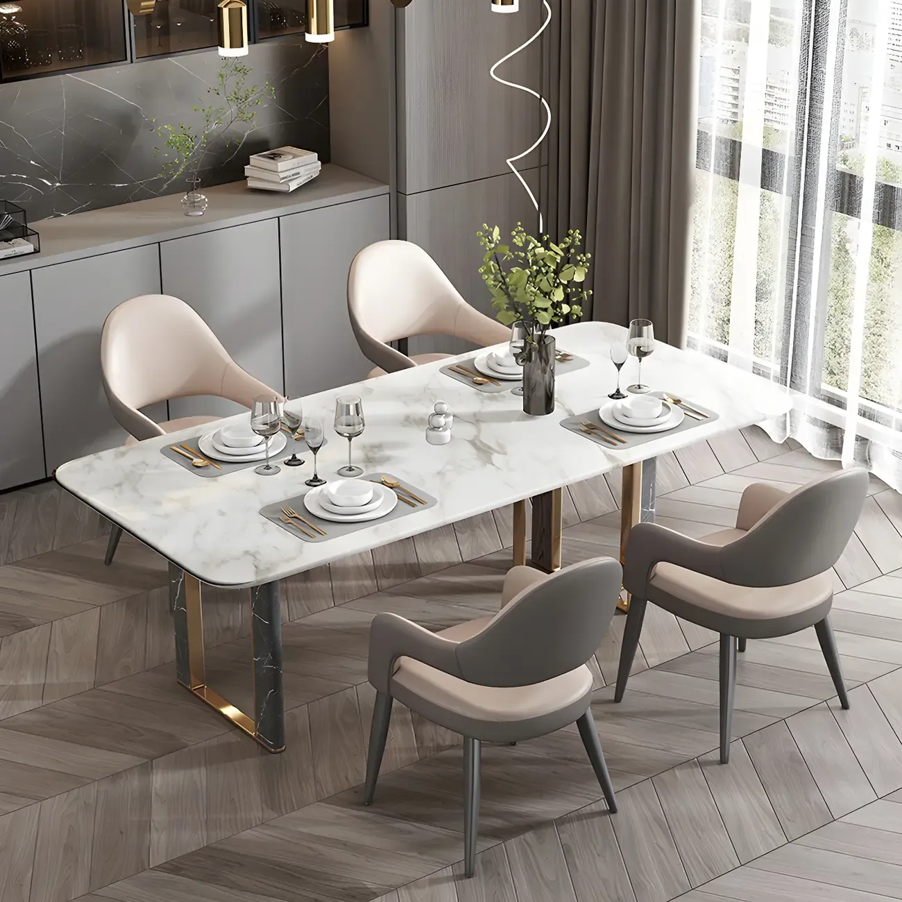 Grey Curved Leather Upholstered Armrest Dining Chair Image - 20