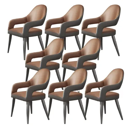 Grey Curved Leather Upholstered Armrest Dining Chair Image - 19