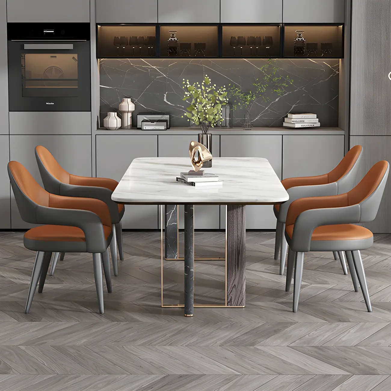 Grey Curved Leather Upholstered Armrest Dining Chair Image - 21 | homeyfad