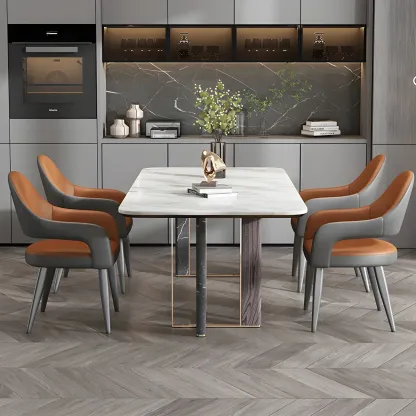 Grey Curved Leather Upholstered Armrest Dining Chair Image - 21