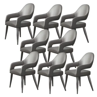 Grey Curved Leather Upholstered Armrest Dining Chair Image - 25