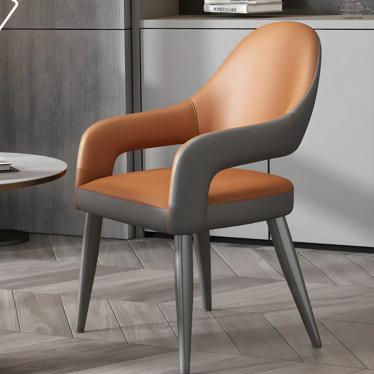 Grey Curved Leather Upholstered Armrest Dining Chair Image - 26 | homeyfad